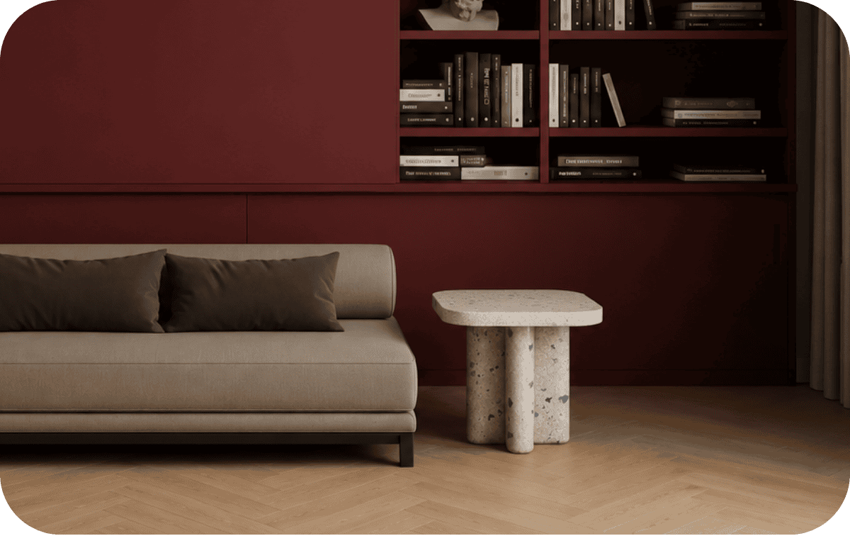 Mesa Dragões em sala com marcenaria vinho